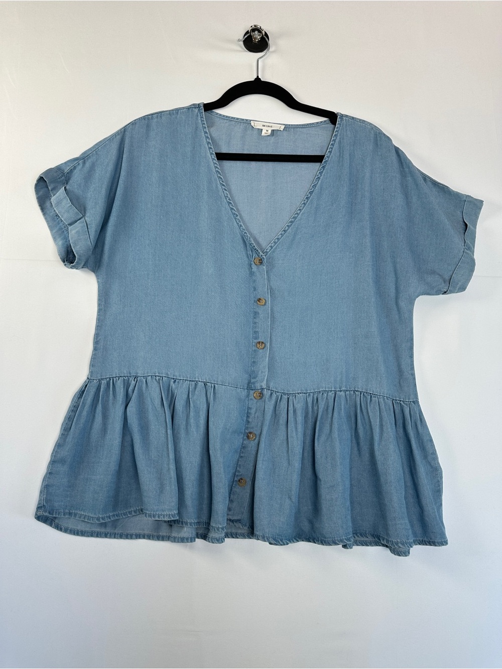 Mine Light Wash Denim Peplum Top M Coastal Cowgirl Drop Waist Blouse